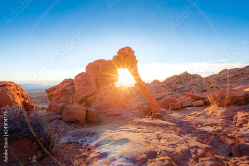 Elephant rock formation with sunrise and sunray at Valley of fire