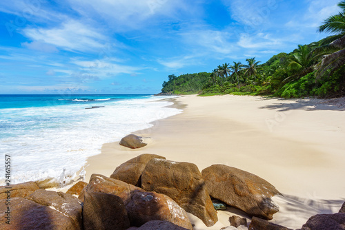 beautiful paradise beach,white sand,turquoise water,palms, seychelles 1