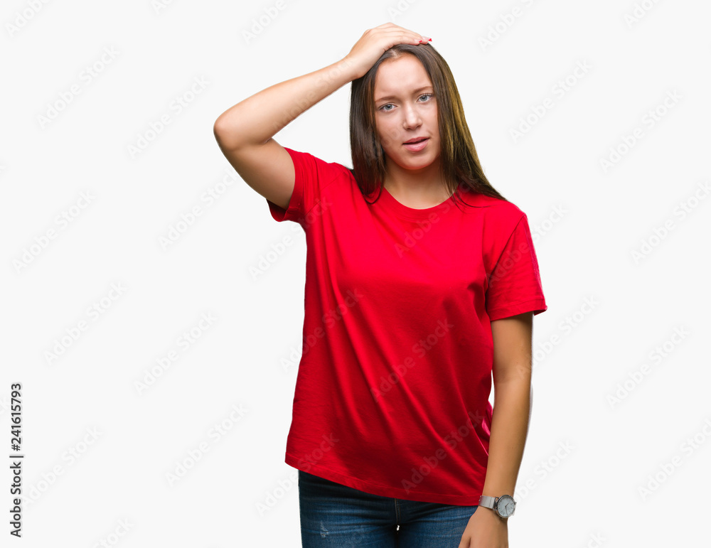 Young beautiful caucasian woman over isolated background confuse and wonder about question. Uncertain with doubt, thinking with hand on head. Pensive concept. Young beautiful caucasian woman over isolated background confuse and wonder about question. Uncertain with doubt, thinking with hand on head. Pensive concept.