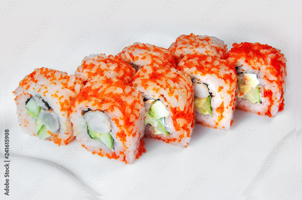 close up of sashimi sushi set, roll on white plate close up of sashimi sushi set, roll on white plate