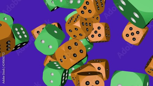 Green and Orange Color Dice Collided, Animation on Blue Background
