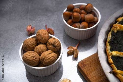 hazelnuts and walnuts in bowl