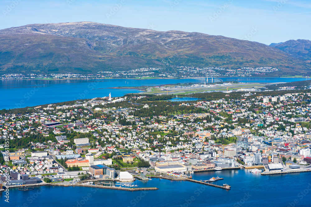 Aerial view of Tromso on the island of Tromsoya and Tromsoysundet strait in Norway