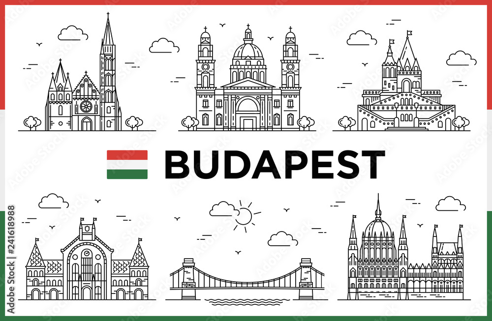 Budapest, Hungary. Parliament, Fishman Bastion, Modern buildings and city sights. Vector illustration