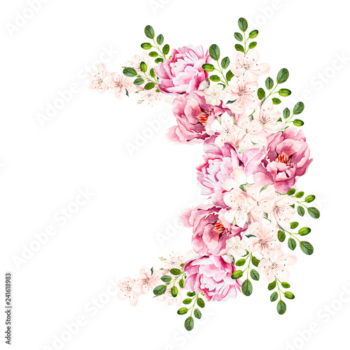 Beautiful bright watercolor bouquet wih peony flowers.