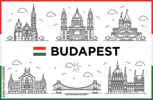 Budapest, Hungary. Parliament, Fishman Bastion, Modern buildings and city sights. Vector illustration