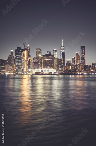 New York City skyline at night  color toned picture  USA.