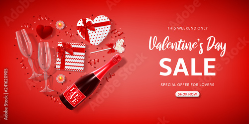 Holiday banner for Valentine's Day sale. Vector illustration with top view on realistic bottle of champagne, glasses of champagne, gift boxes, confetti on red background. Promo seasonal offer.