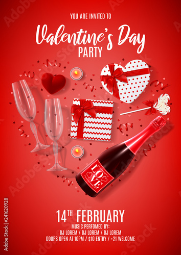 Happy Valentine's Day party poster. Vector illustration with top view on realistic bottle of champagne, gift box, glasses of champagne, red serpentine and confetti. Invitation to nightclub.