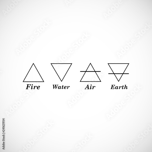 Vector illustration four elements icons, line symbols. Air, fire, water and earth symbol. Alchemy icons. Four basic elements.