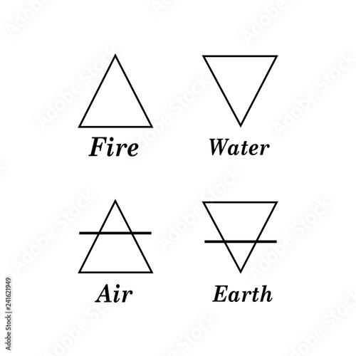 Vector illustration four elements icons, line symbols. Air, fire, water and earth symbol. Alchemy icons. Four basic elements.