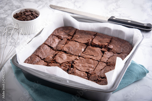 chocolate brownie in steel pan