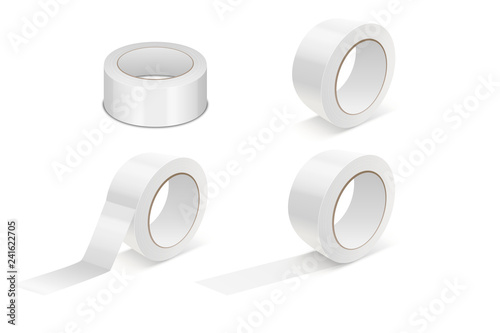 Vector Realistic White 3d GlossyTape Roll Icon Set or Mock-up Closeup Isolated on White Background. Design Template of Packaging Sticky Tape Roll or Adhesive Tape for Mockup. Front View