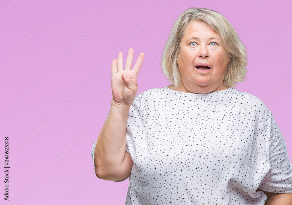 Senior plus size caucasian woman over isolated background showing and pointing up with fingers number four while smiling confident and happy. Senior plus size caucasian woman over isolated background showing and pointing up with fingers number four while smiling confident and happy.