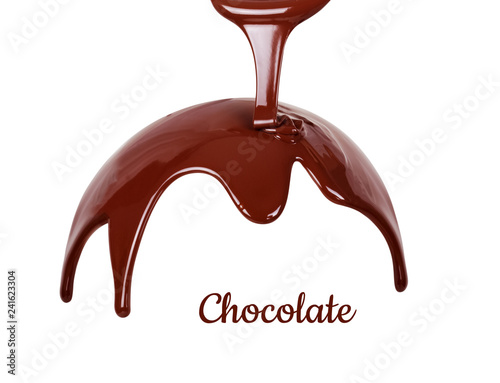 Melted chocolate syrup on white background. Liquid chocolate on a white background.