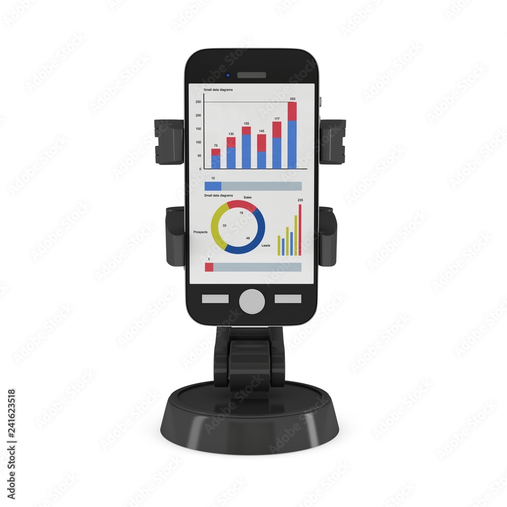 Robotic arm hold smartphone with big data. Manufacture technology industry assembly mechanic hand 3d render illustration isolated on white Robotic arm hold smartphone with big data. Manufacture technology industry assembly mechanic hand 3d render illustration isolated on white