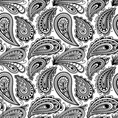Seamless black and white paisley ornament. Print turkish cucumber. Hand-drawn pattern for textiles. Vector illustration.