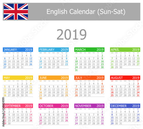 2019 English Type-1 Calendar Sun-Sat on white background