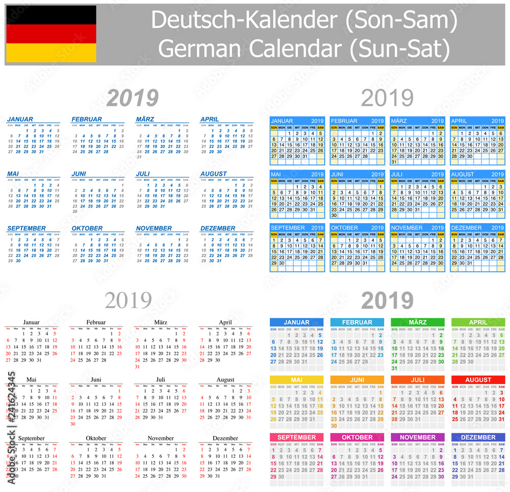 2019 German Mix Calendar Sun-Sat on white background 2019 German Mix Calendar Sun-Sat on white background