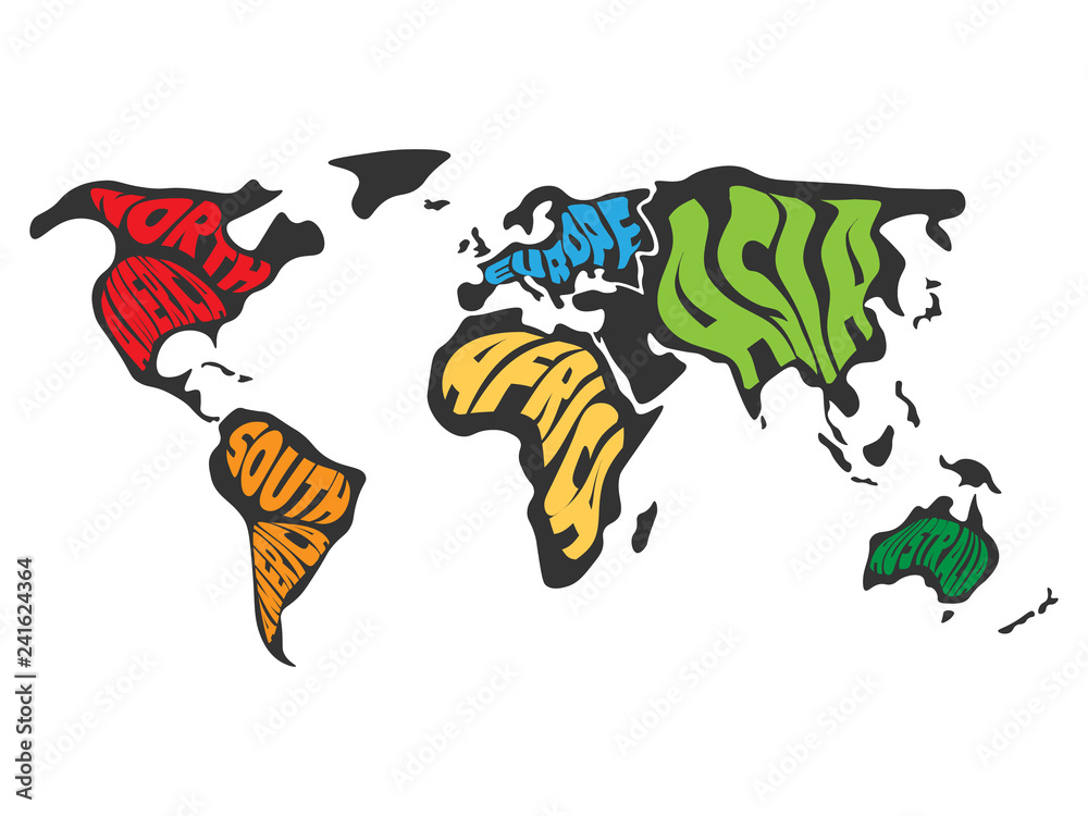 Naklejka premium World map divided into six continents. Name of each continent wrapped in. Simplified vector illustration.