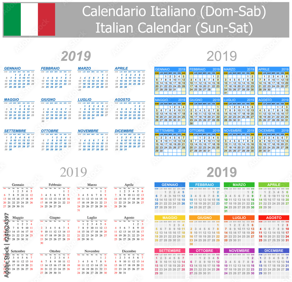 2019 Italian Mix Calendar Sun-Sat on white background 2019 Italian Mix Calendar Sun-Sat on white background