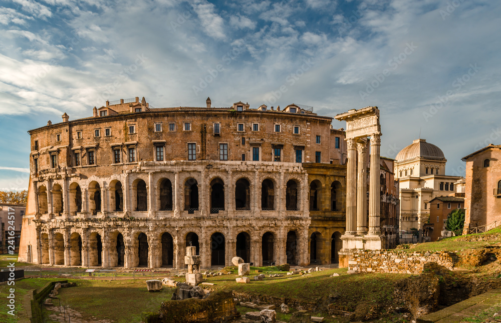 The Theatre of Marcellus, an ancient open-air theatre in Rome, Italy, built in the closing years of the Roman Republic. The ruins of Temple of Apollo Palatinus are on the right.