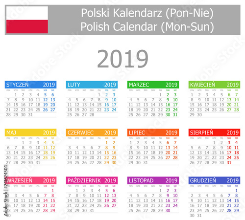 2019 Polish Type-1 Calendar Mon-Sun on white background