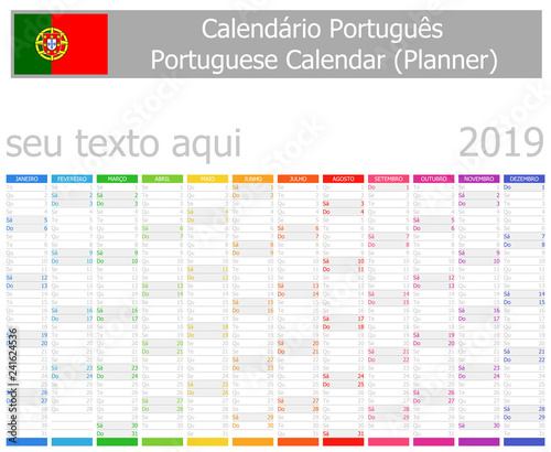 2019 Portuguese Planner Calendar Vertical Months on white background