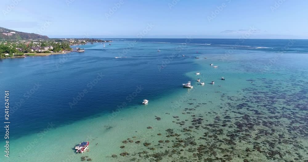 boat in a lagoon in aerial view, Papeete French Polynesia