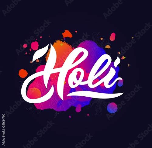 Handwritten lettering of Happy Holi on watercolor splash black background. Isolated