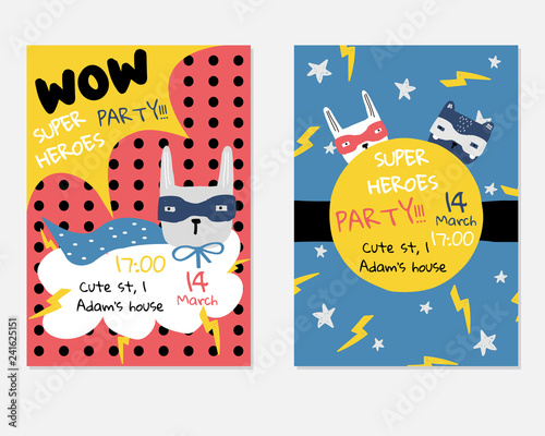 Set of cute kids superhero party invitations. Typography birthday cards. Vector hand drawn illustration.