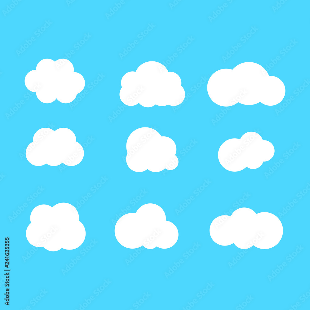 Set of clouds in blue sky. Cloud icon shape. Collection of different clouds, label, symbol. Graphic vector design element for logo, web and print.