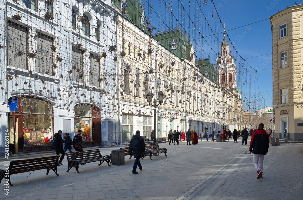 Moscow, Russia - March 19, 2018: Spring view of Nikolskaya street in the center of Moscow