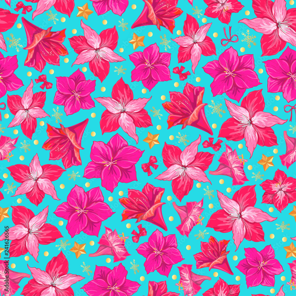 Pink hippeastrum flowers on blue background. Seamless pattern. hand drawn vector Pink hippeastrum flowers on blue background. Seamless pattern. hand drawn vector