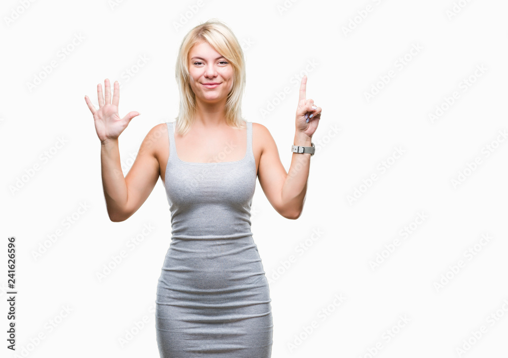 Young beautiful blonde woman over isolated background showing and pointing up with fingers number six while smiling confident and happy.