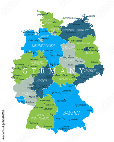 Germany Map - Blue Green Gray Isolated on White - Highly detailed vector illustration