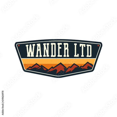 Mountain Illustration, outdoor adventure logo badge. Wander LTD text. Vintage hand drawn camping emblem. Stock vector label isolated on white background