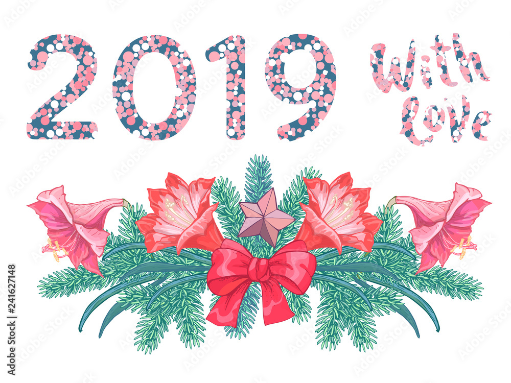 Beautiful graphic spruce branch, Hipeastrum flowers, bow and inspiration 2019 with love. Hand drawn graphics elements. illustration