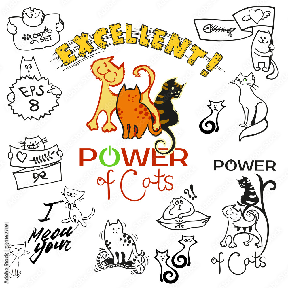 Obraz premium A set of clip art and patches of cats drawing in cartoon cute all style