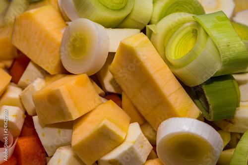 Close up of parsnip, swede and green leeks