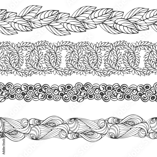 Set of hand drawn floral brushes on zentangle style. Vector illustration