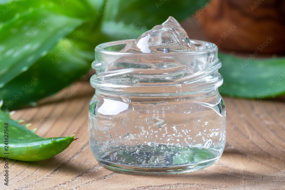Aloe vera gel in a glass jar, with fresh aloe vera plant in the background  foto de Stock | Adobe Stock
