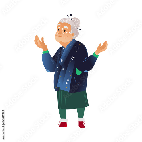 Vector illustration of grandmother in winter festive clothes with arms spread out in sides waiting or surprising isolated on white background - cartoon aged woman watching excited in winter holiday.
