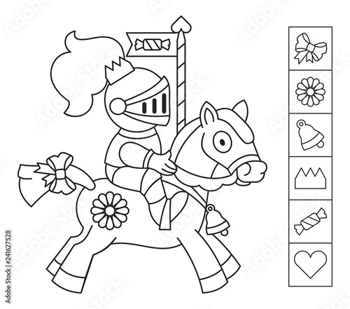 Color the knight. Find the objects hidden in the picture. Games for kids. Coloring page. Educational activity for children