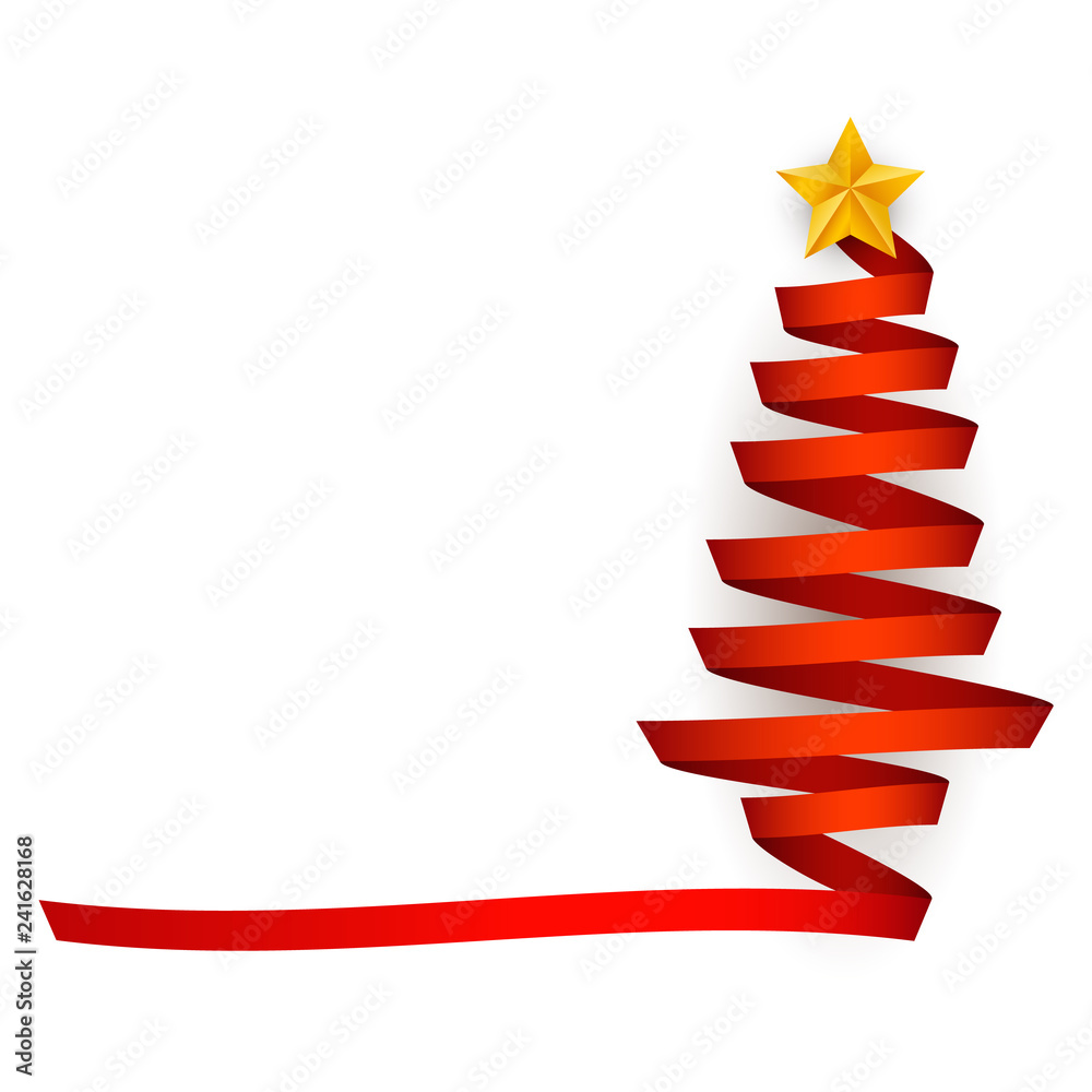 Vector flat red ribbon christmas tree with golden star at top. Traditional winter holiday, merry christmas and happy new year decoration design element, greeting invitation card element