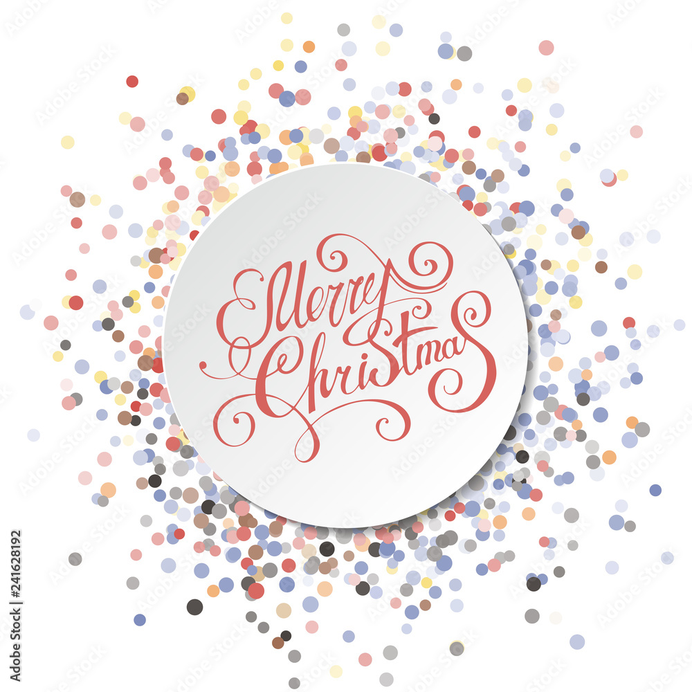 Round frame on festive Circular colorful Confetti Background. 3D shadow style.8 Elegant christmas lettering Merry christmas