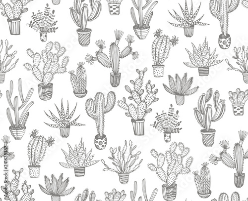 Seamless pattern with hand drawn cactus in a pots. Vector elements.