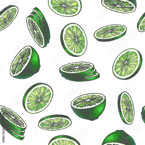 Vector vintage seamless pattern with lime isolated on white. Hand drawn color texture with green slices of citrus. Fruit rounds sketch.