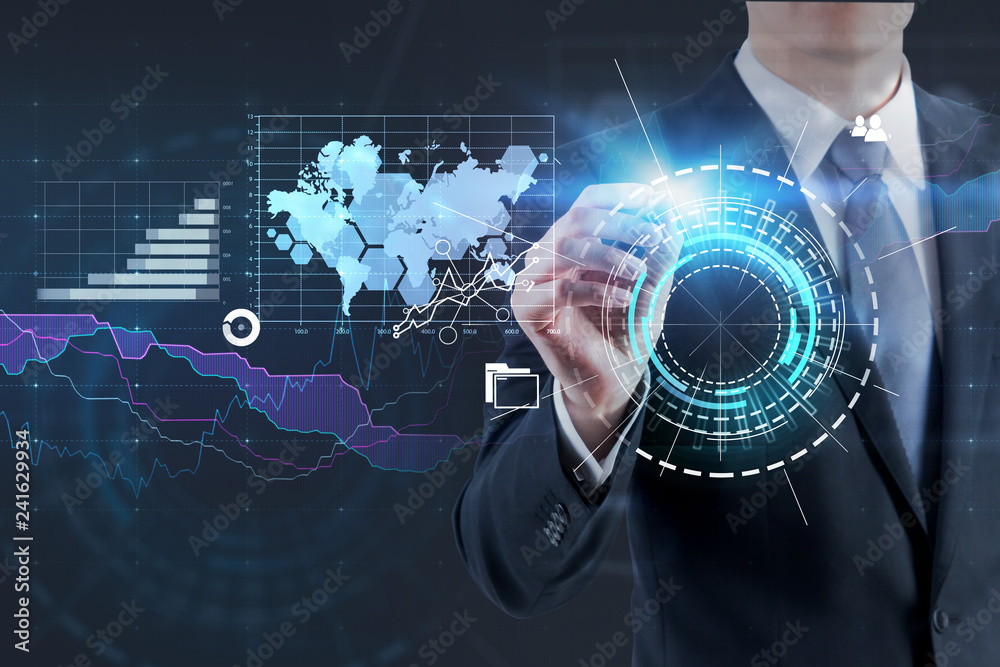 Businessman using business interface, hud Businessman using business interface, hud
