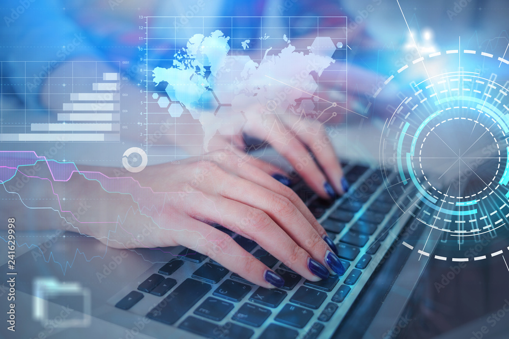 Woman using laptop, hud business interface